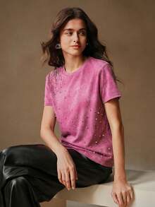 Anewsta Women's Casual Sand Wash Rhinestone Embellished Pullover T-Shirt - Pink - View 4