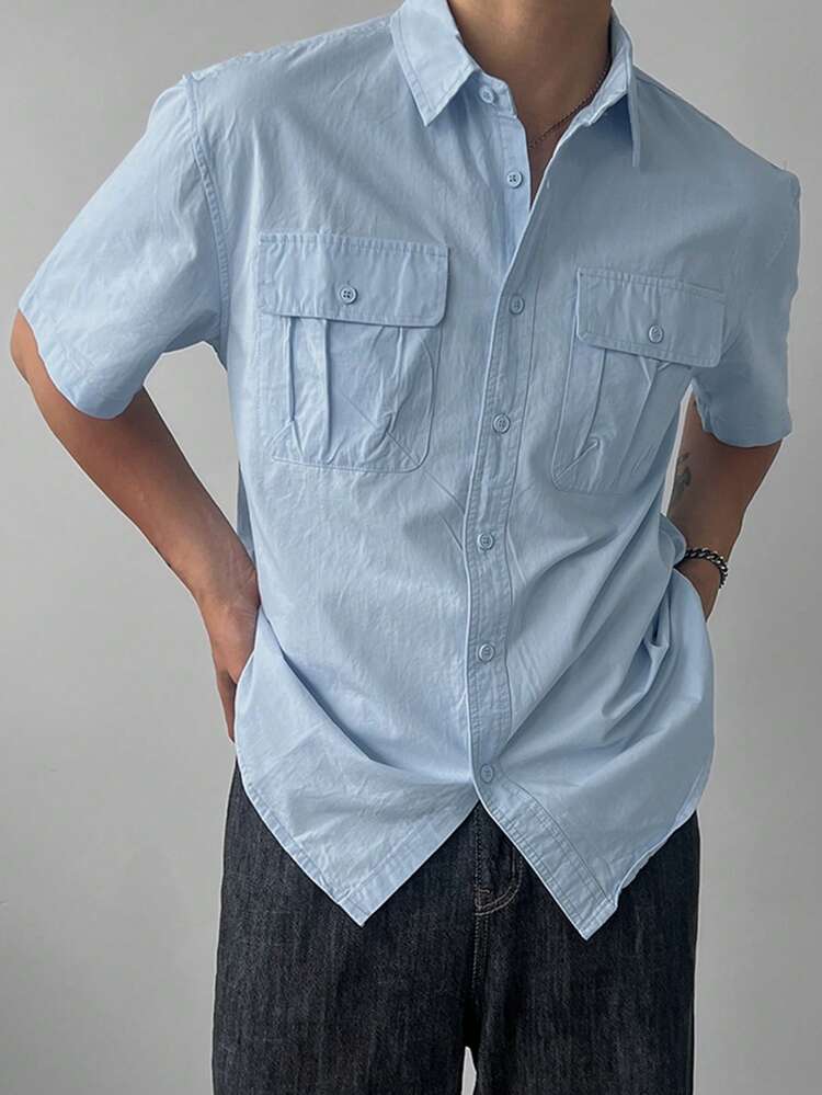 Men's Short Sleeve Pocket Design Blue Shirt