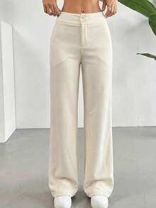 SHEIN EZwear 大码女式卡其色高腰直筒休闲裤 - 卡其色 - 查看 3