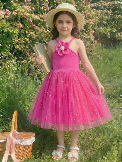 Elladie kids Vestido de princesa con cuello de halter, malla con lentejuelas y flores 3D, apropiado para vacaciones, fiestas y verano, para niñas pequeñas