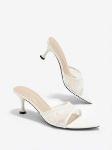 Eladyva Sandálias Mule Elegantes Femininas - Renda Tule, Bico Clássico Pontudo, Cintura Sexy Franzida, Cava Larga, Salto Gatinho, Salto Agulha, Salto Baixo, Adequado para Moda Primavera/Verão, Festas, Casual, Outdoor, Viagens, Trabalho, Slip-On, Qualidade Premium, Superfície Espelhada, Textura de Renda Respirável, Sapatos Brancos Minimalistas - Branco - Visão 8