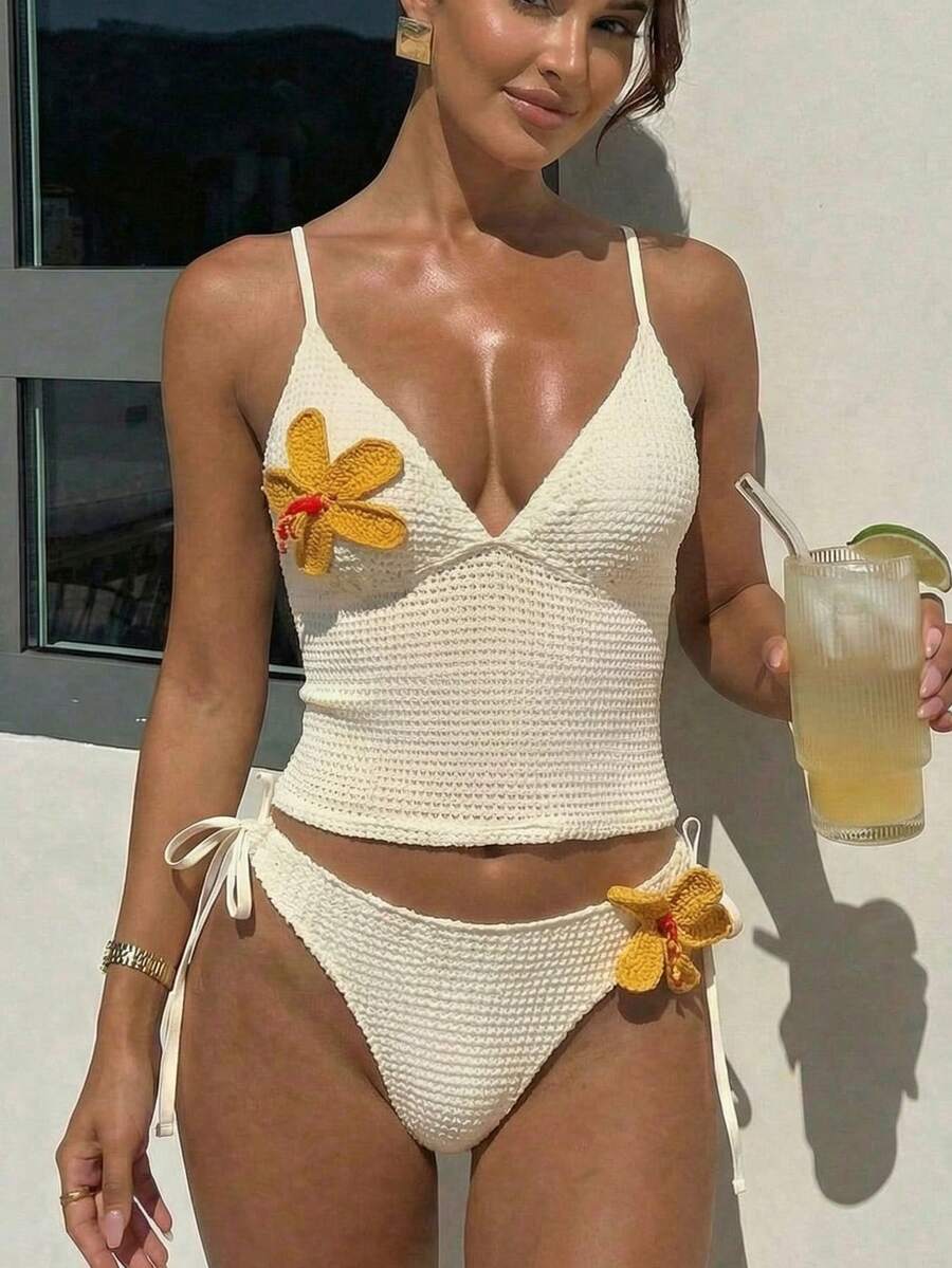 Swim Vcay Women's Cute White Floral Crochet Bikini Set, Summer Beach Vacation Holiday 3D Floral Camisole Top&Side Tie Swimwear Bottom, 2 Pieces Beach Outfits - Beige - View 1