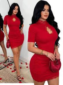 SHEIN SXY 性感蕾丝拼接镂空连衣裙 - 紅色 - 查看 8