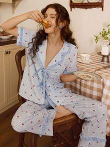 Tulorae Conjunto de pijama romántico para damas con estampado de cuadros rojos, parches de unicolor y volantes con lazo - Multicolor - Ver 1