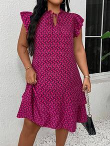 EMERY ROSE Plus Size Tie-Front Cap Sleeve Ruffle Hem Loose Summer Dress - Hot Pink - View 1