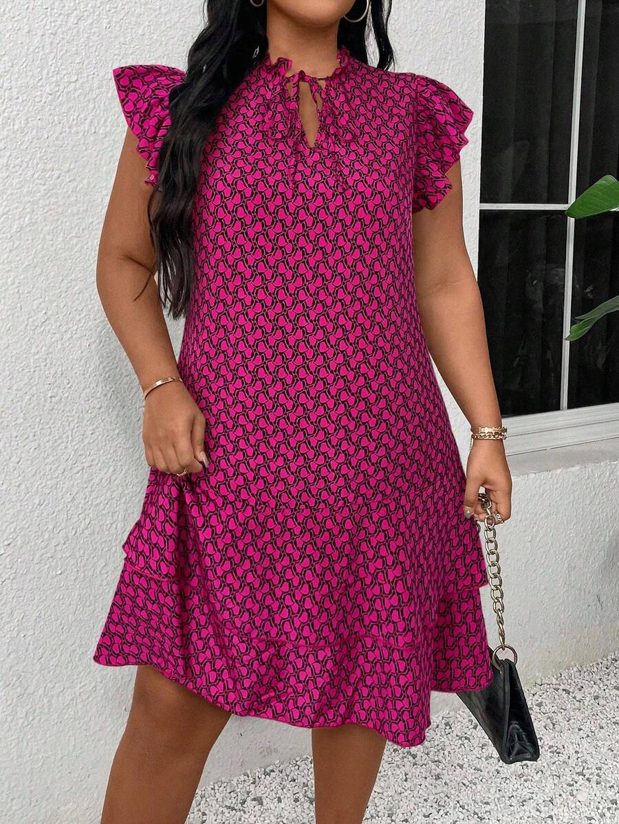 EMERY ROSE Plus Size Tie-Front Cap Sleeve Ruffle Hem Loose Summer Dress - Hot Pink - View 1