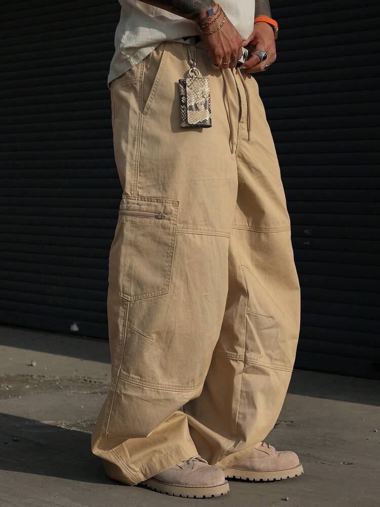 Spring Casual Washed Khaki Cargo Style Men's Jeans