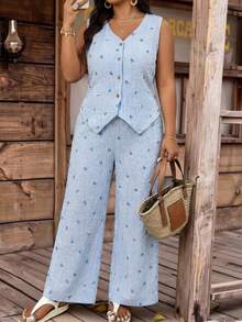 SHEIN CURVE+ Kích cỡ US22 Lễ hội âm nhạc, Kỳ nghỉ biển, Phong cách Bohemia Bộ đồ hai mảnh nữ thường ngày kẻ sọc xanh trắng + họa tiết nơ, thích hợp mặc hàng ngày, Xuân/Hè, Áo không tay và quần dài, Vải crepe không co giãn in sọc, Thời trang đơn giản, Thích hợp đi làm và đi nghỉ, Bộ áo vest không tay, Trang phục đi nghỉ mát cho nữ, Trang phục mùa hè cho nữ, Bộ hai mảnh cho nữ, Trang phục đi nghỉ lễ đảo Phục Sinh - Màu xanh lam - Xem 6