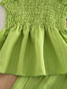 SHEIN Baby Girls' Solid Color Spaghetti Strap Bow Decor Ruffled Hem Woven Camisole & Shorts Set, Summer - Mint Green - View 3