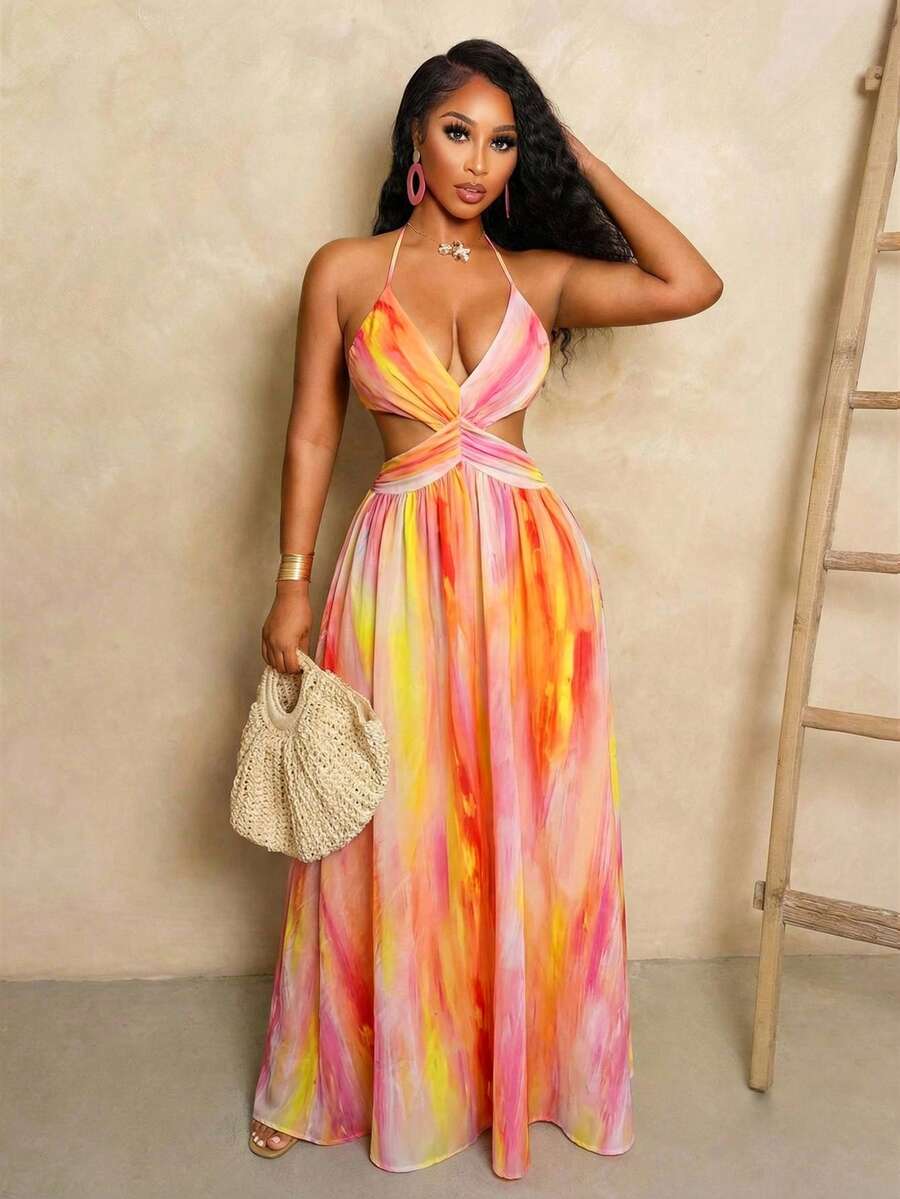 Women's Sexy Vacation-Style Tie-Up Cutout Design Cami Dress - Multicolor - View 1