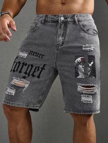Manfinity Roughcore Plus Size Men's Letter Print Pocket Distressed Denim Shorts - Grey - View 3