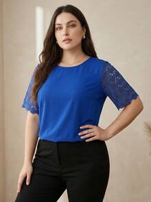 ELLERISSA Curve Lace Sleeve Round Neck A-Line Blouse For Women, Cobalt Blue Crochet Lace Elbow Sleeve Smock Top, Casual Work Wear, Office Wear, Plus Size Tops For Women, Elegant Lace Sleeve Blouse, Vacation Wear - Royal Blue - View 7