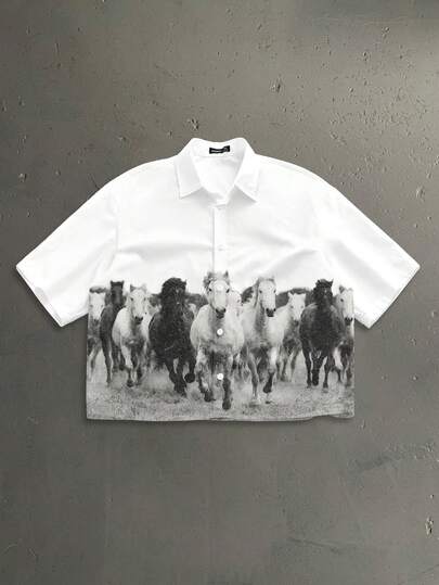 StoneGrade Vintage American Prairie Horse Galloping Allover Print Cropped Loose Fit Short Sleeve Shirt, Fashionable Casual Outfit Essential For Dates And Gatherings, Suitable As Gift For Boyfriend