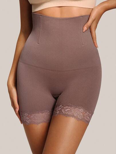 女士休闲简约无缝罗纹蕾丝拼接腰臀塑身裤