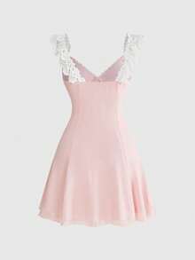 Sweetness Vestido mini de estilo gótico con encaje rojo vino y parches para mujeres - Rosa - Ver 2