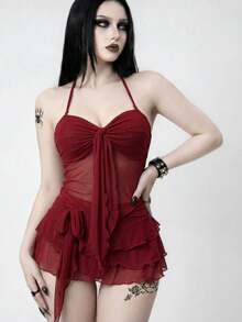ROMWE Goth 新款女士优雅哥特暗黑风三件套泳衣 - 红色透视网纱吊带上衣，正面系带设计，荷叶边裙摆泳裤，内置比基尼内裤，修身显瘦，打造前卫另类的夏日海滩风情 - 夏季度假、泳池派对、海滩假期、度假村、音乐节、热带之旅、蜜月旅行、春假和海滨度假的理想泳装和沙滩装 - 紅色 - 查看 4