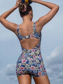 Swim SPRTY Traje de baño de una pieza con estampado floral y espalda descubierta con shorts para mujer - Multicolor - Ver 4