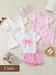 SHEIN Vintaside Kids 6件套女婴可爱俏皮优雅蝴蝶结印花短袖短裤套装，春夏款 - 粉色 - 查看 2