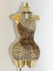 BamGleam Women's Leopard Print Side Slit Hem Sexy Bodycon Halter Dress - Brown - View 2