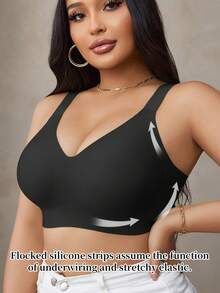 SHEIN Sutiã Plus Size Sem Costura Para Mulheres Com Tiras De Gel E Suporte Macio, Sutiã Lift Up Sem Fio - Preto - Ver 5