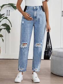 SHEIN Quần jean bầu có túi và khuy cài, kiểu dáng thường ngày đa năng, thích hợp mặc đi làm, đi nghỉ mát, dự lễ tốt nghiệp, phong cách Y2K, dễ thương, đường phố, dự tiệc, đám cưới, thanh lịch, công sở, đi biển, tốt nghiệp, nữ, màu xanh nhạt, dáng rộng, rách và có chi tiết chun co giãn. - Màu xanh lam - Xem 1