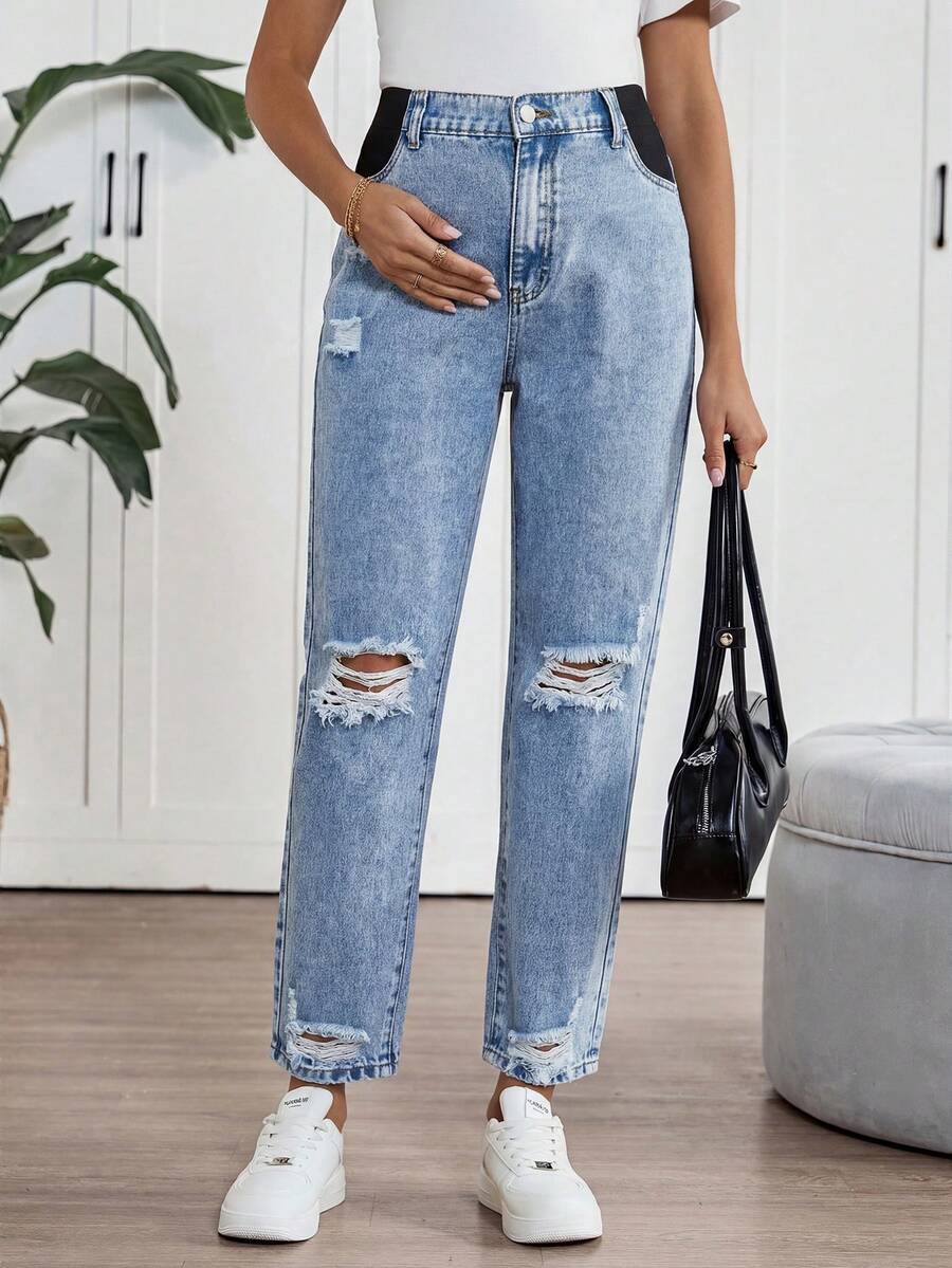 SHEIN Quần jean bầu có túi và khuy cài, kiểu dáng thường ngày đa năng, thích hợp mặc đi làm, đi nghỉ mát, dự lễ tốt nghiệp, phong cách Y2K, dễ thương, đường phố, dự tiệc, đám cưới, thanh lịch, công sở, đi biển, tốt nghiệp, nữ, màu xanh nhạt, dáng rộng, rách và có chi tiết chun co giãn. - Màu xanh lam - Xem 1