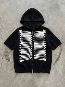 ROMWE MEN Casual Men's Minimalist Printed Short Sleeve Hooded Cardigan Knit Top - Black - View 1