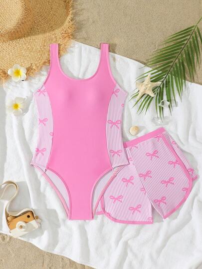 Sparklyn Girls' Butterfly Print Patchwork Solid Color One-Piece Swimsuit With Palm Tree Print Shorts, Suitable For Summer, Surfing, Beach, Vacation, Swimming Pool