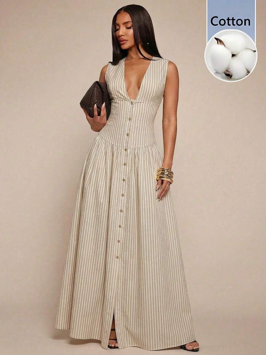SHEIN x Luisa Sonza Radiana Đầm dài không tay cổ chữ V kẻ sọc, thắt eo, cài cúc phía trước dành cho nữ, thời trang mùa hè. - Màu be - Xem 1