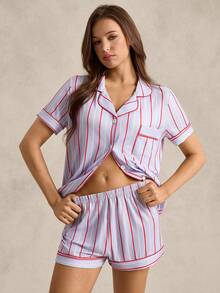 EverLounge Women's Pajama Set,Light Blue Striped,Summer,Casual,Home,Retro Notched Collar Front Pocket Pinstripe Sleepwear With Red Trim On Collar Cuffs & Hem - Baby Blue - View 1