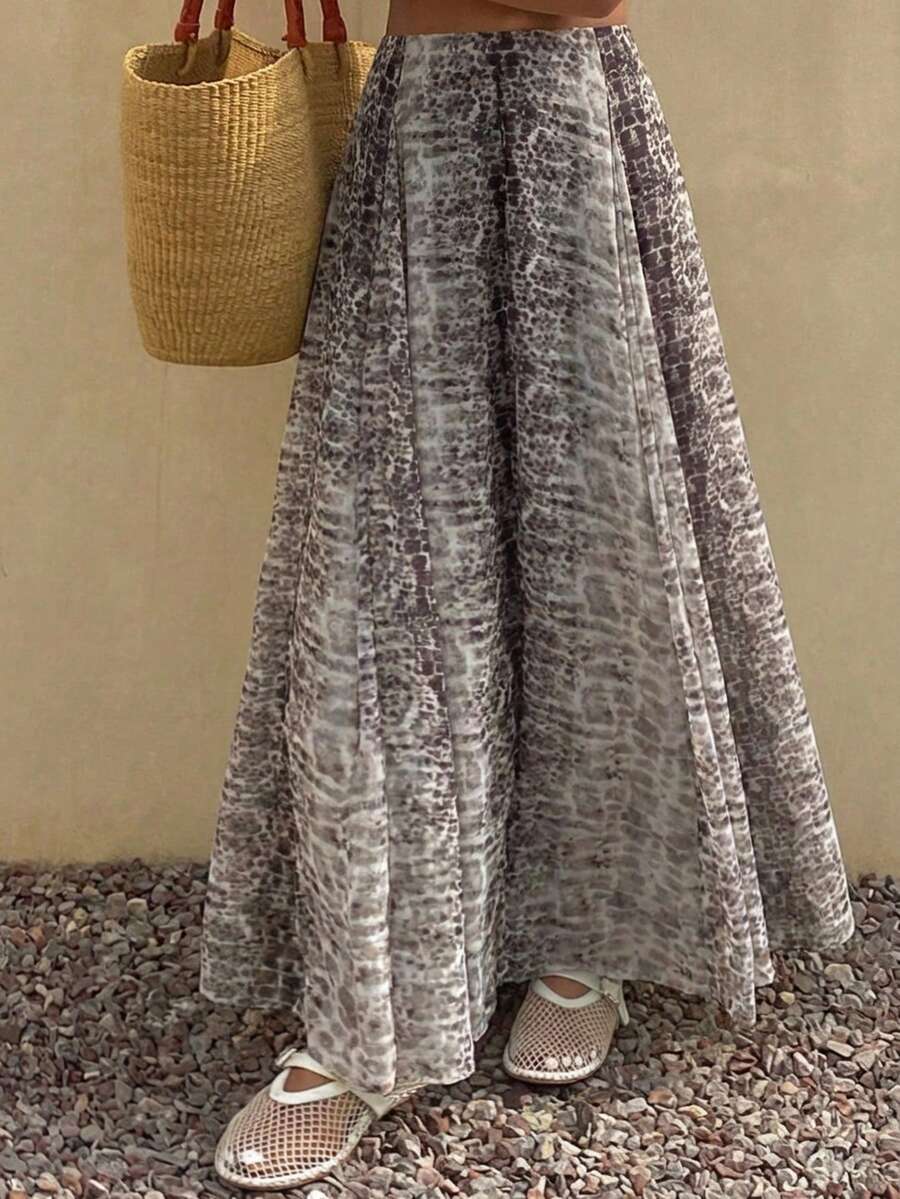 Livesso Spring & Summer Floral Print Chiffon Skirt, Bohemian Casual Vacation Beach Style, Waist Cinched Elegant A-Line Skirt For Women - Brown - View 1