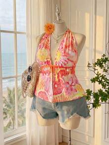 SHEIN EZwear Áo kiểu nữ cỡ lớn in hoa cổ chữ V có tua rua, thích hợp mặc đi nghỉ mát, bộ đồ đi nghỉ mát mùa xuân/hè cho nữ, trang phục mùa hè cỡ lớn cho nữ. - Nhiều màu - Xem 1