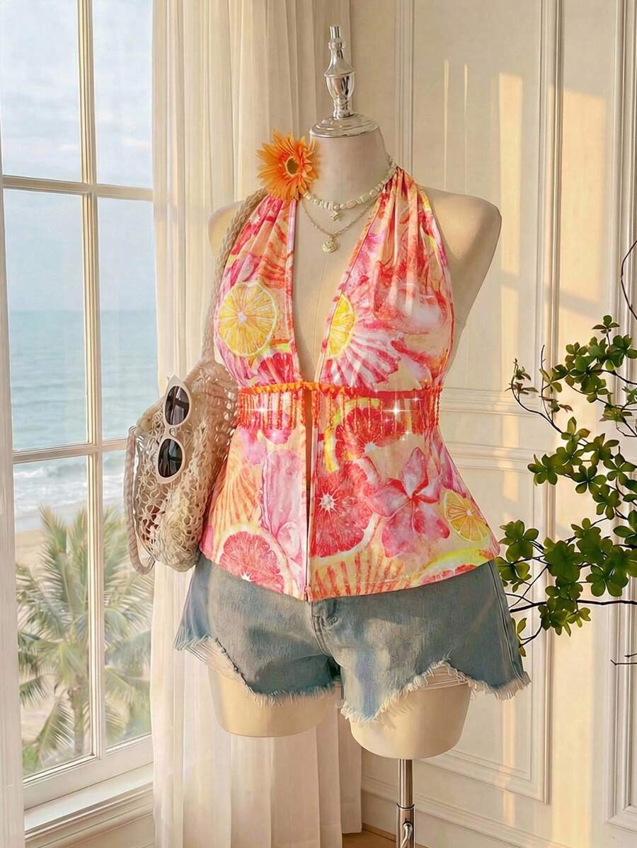 SHEIN EZwear Áo kiểu nữ cỡ lớn in hoa cổ chữ V có tua rua, thích hợp mặc đi nghỉ mát, bộ đồ đi nghỉ mát mùa xuân/hè cho nữ, trang phục mùa hè cỡ lớn cho nữ. - Nhiều màu - Xem 1