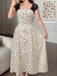 Modelyn 女士杏色提花拼接黑色无袖蕾丝荷叶边腰身A字优雅浪漫连衣裙，春夏款 - 杏色 - 查看 1