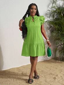 Slaydiva Vestido de talla grande de unicolor con cuello de corbata, mangas con volantes y dobladillo con volantes, vestido de verano - Verde - Ver 5