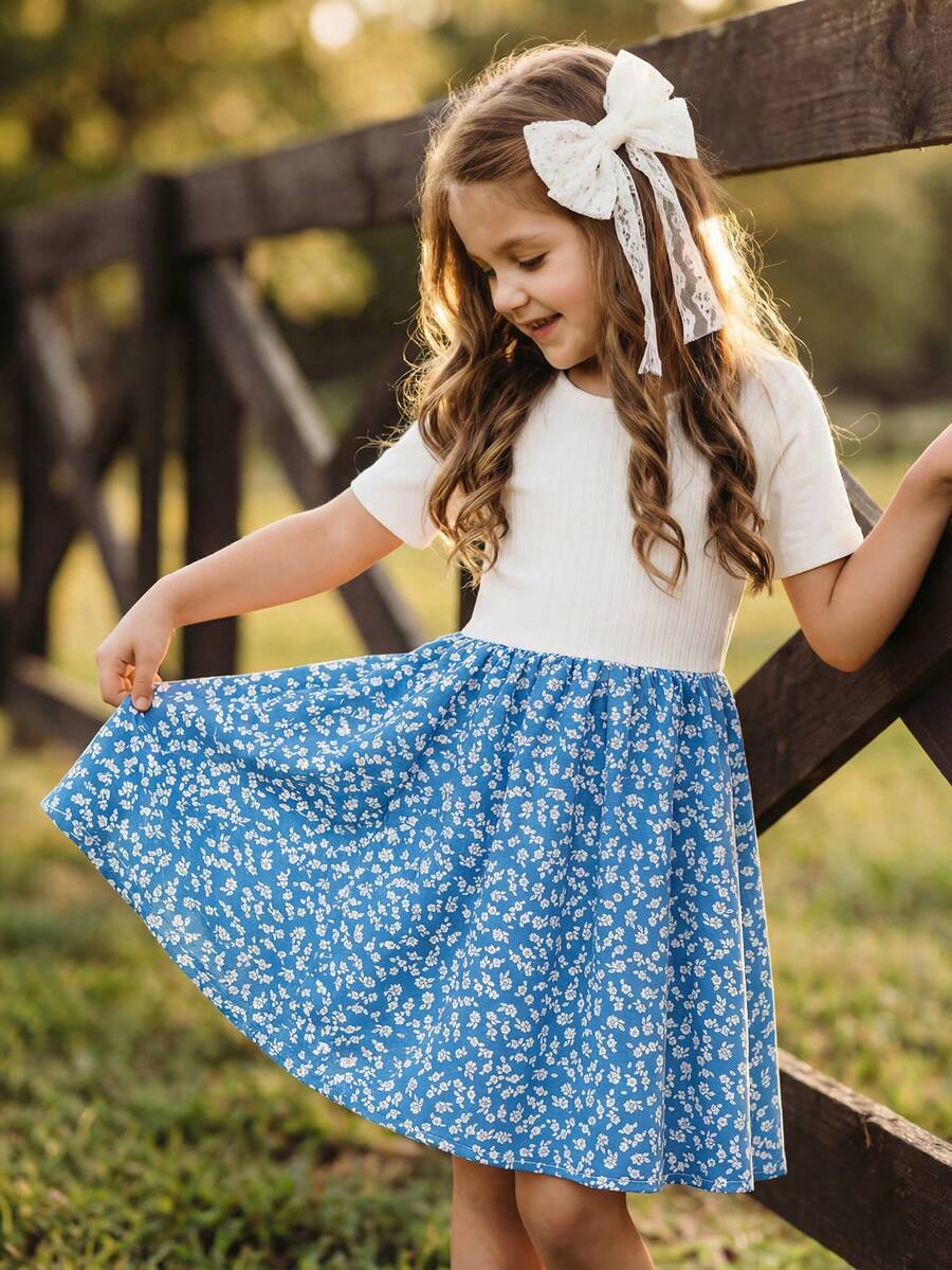 Emery Rose Kids Emery Rose Kids Young Girl Knitted Ribbed Solid Color Round Neck Patchwork Chiffon Hem Casual Dress - Blue - View 1