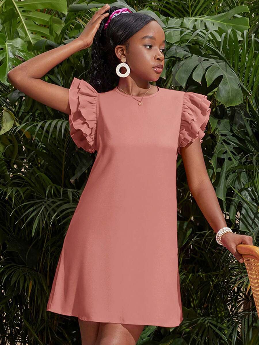 SHEIN Gaun Pendek Model A-Line Longgar Lengan Pendek Berkerut Warna Fuchsia Cerah untuk Remaja Perempuan, Pakaian Kasual untuk Liburan - Berwarna merah muda - View 1