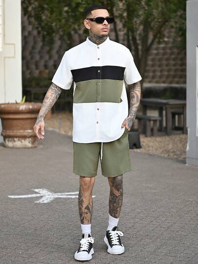 Devon Thys Men's Casual Fashion Set, Short Sleeve Cardigan Top Paired With Drawstring Shorts, 2-Piece Set, Solid Color Contrast Splice Design, Loose Fit Shirt & Shorts