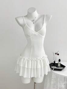 Elamini 女士V领蕾丝拼接针织弹力罗纹吊带连衣裙 - 白色 - 查看 5