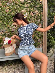 Serisse Áo sơ mi nữ tay ngắn in họa tiết cây nhiệt đới, kiểu dáng thường ngày. - Xanh và trắng - Xem 4