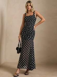 Enchnt Summer Sweet Vintage Elegant Women's Black And White Polka Dot Ruched Waist Maxi Dress, For Vacation Date Party Holiday Outfit - Black - View 1