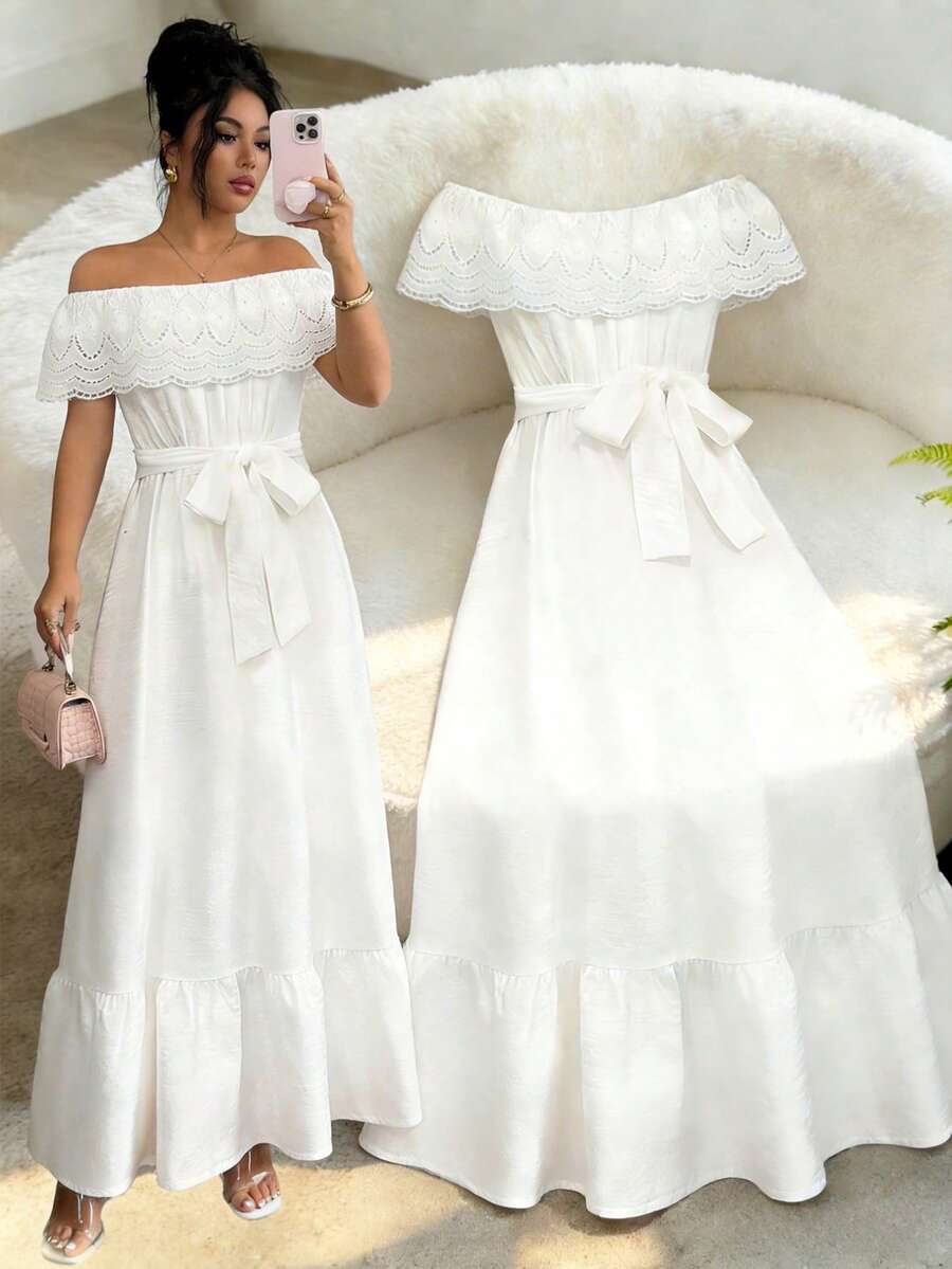 GlowEve Women's Fashion Off Shoulder Ruffle Solid White Wedding Party Date Night Waist Tie Bow Vacation Daily Beach Travel Ruffle Hem A-Line Maxi Dress, Spring/Summer - White - View 1