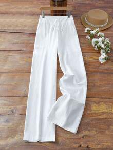 EMERY ROSE Women's Casual French Style White Linen-Like Textured Flowy Soft Pocket Pants, Spring/Summer - White - View 3
