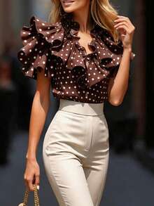 Pariaura Women's Polka Dot Unique Design Blouse, V-Neck Short Sleeve Ruffle Sleeve Casual Tops For Summer, Beach, Party, Birthday, Street Fashion Blouse Polka Dot Polka Dots Top Blouse For Women Formal Attire Modern Tops For Women Brown Polka Dot Top Ruffle Sleeve Top Cute Tops For Women Fashion Top Polka Dot Shirt Brown And White Polka Dot Top Brown Spotty Top Brown Pokadot Top Latest Tops For Women New Arrivals - Multicolor - View 3