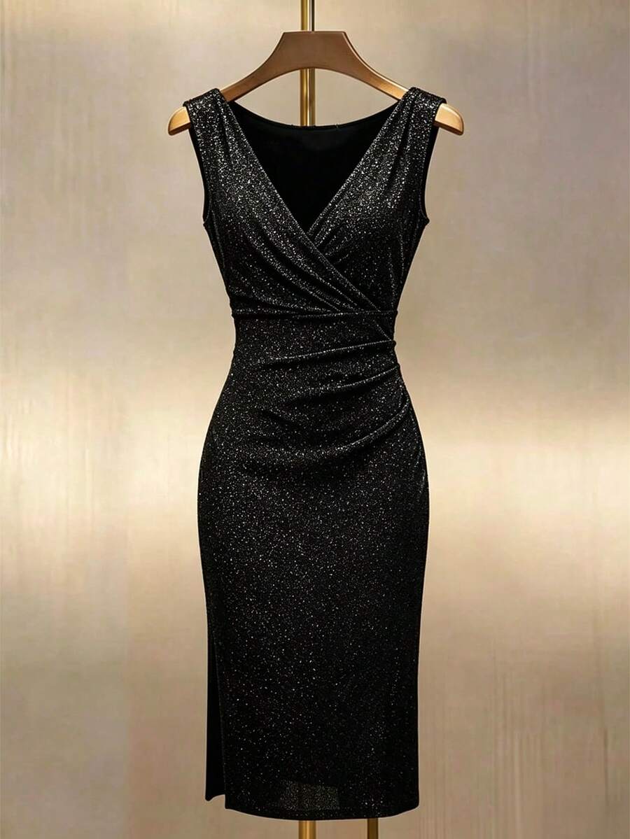SHEIN Franclia Women's Fashion V-Neck Sleeveless Waist Cinching Slit Hem Dress - Black - View 1