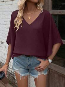 EMERY ROSE Women's Solid Color V-Neck Batwing Sleeve Loose Casual Shirt, Summer - Burgundy - View 5