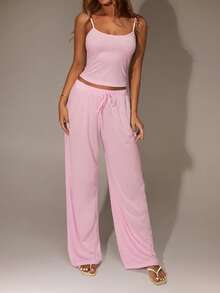 SHEIN Forever 21 2pcs Women Casual Solid Color Camisole And Pants Pink Set - Pink - View 4
