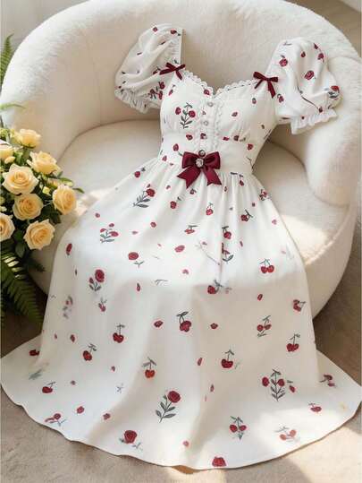 Feyla Women's Floral Print Sweetheart Neck Short Petal Sleeve Bow Decor Elegant Mid-Length Dress Beach Vacation Holiday Outfits For Women The Neckline Features A Lace Trim Design.