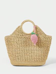 SHECARRY 1 pièce Sac à fruits tressé en paille de style mode pour vacances au bord de , convient pour les sacs en paille, les vacances, l'été, la plage, le bord de mer - Rose pâle - Voir 6