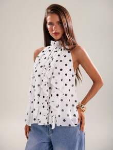 SHEIN BAE Women's Polka Dot Print Ruffle Hem Sleeveless Blouse - White - View 1